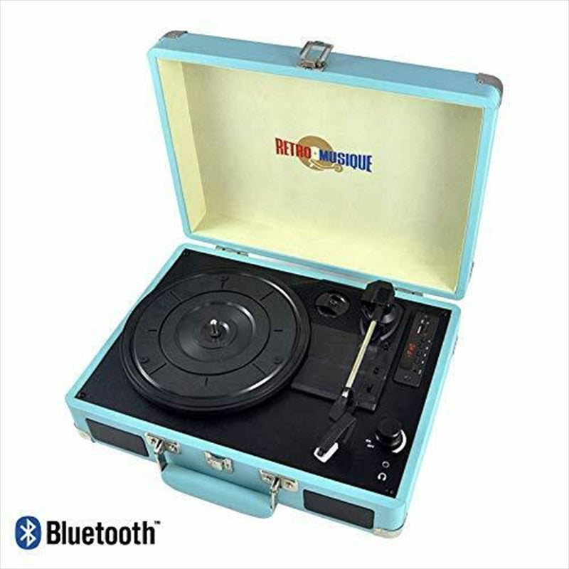 Turquoise Bluetooth Suitcase Style Record Player with vintage design and modern features.