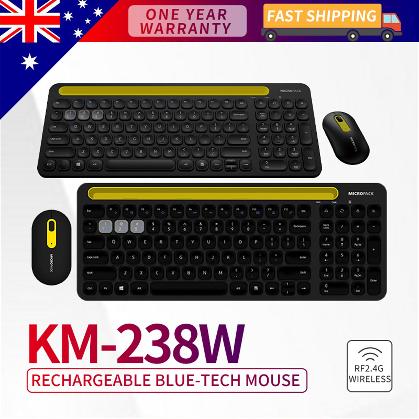 Bluetooth Wireless PC Keyboard Mouse Set featuring a sleek design, low-profile keys, and an optical mouse with 1000 DPI resolution.