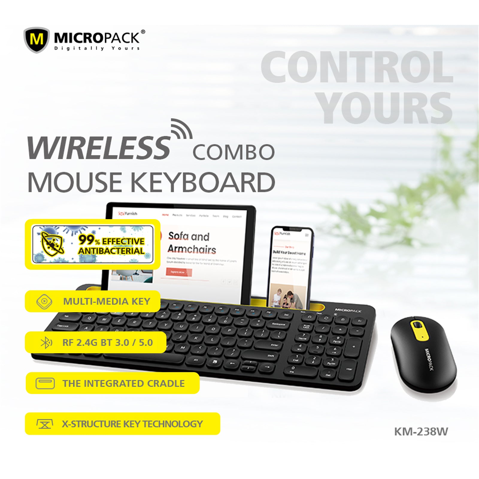 Bluetooth Wireless PC Keyboard Mouse Set featuring a sleek design, low-profile keys, and an optical mouse with 1000 DPI resolution.