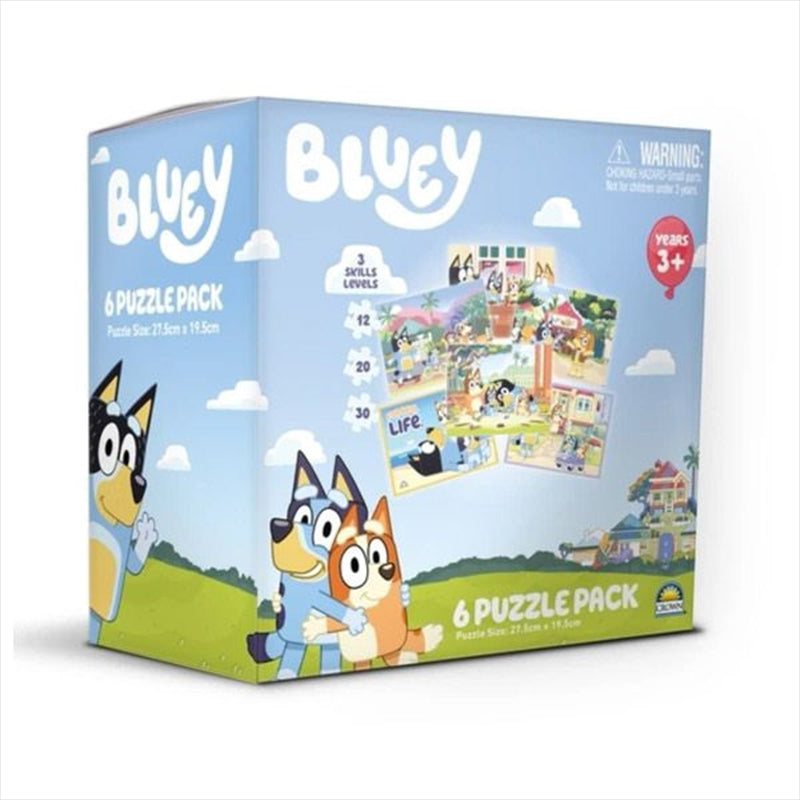 Bluey 6-in-1 Jigsaw Puzzle Pack featuring colorful puzzle pieces and designs for children.