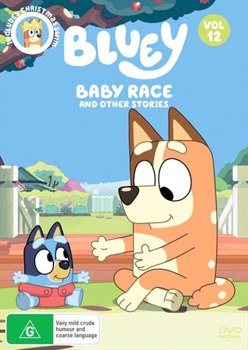 Bluey - Baby Race and Other Stories - Vol 12 DVD cover featuring Bluey the puppy and her family in colorful animation.