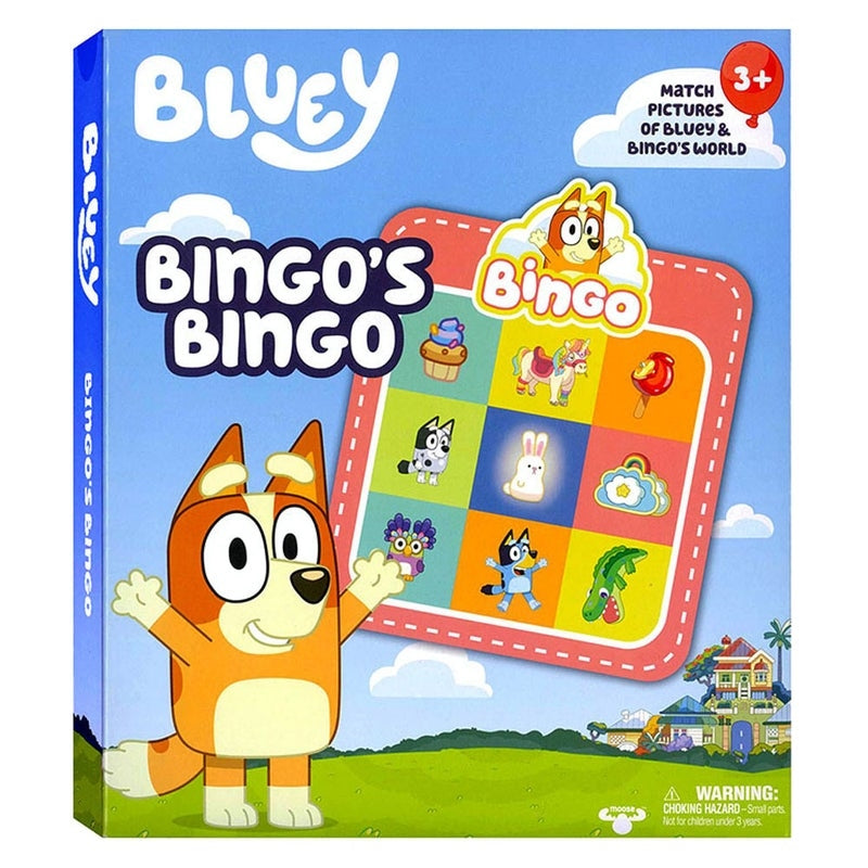 Bluey Bingos Bingo Game featuring colorful cards with Bluey and Bingo characters, perfect for family fun.