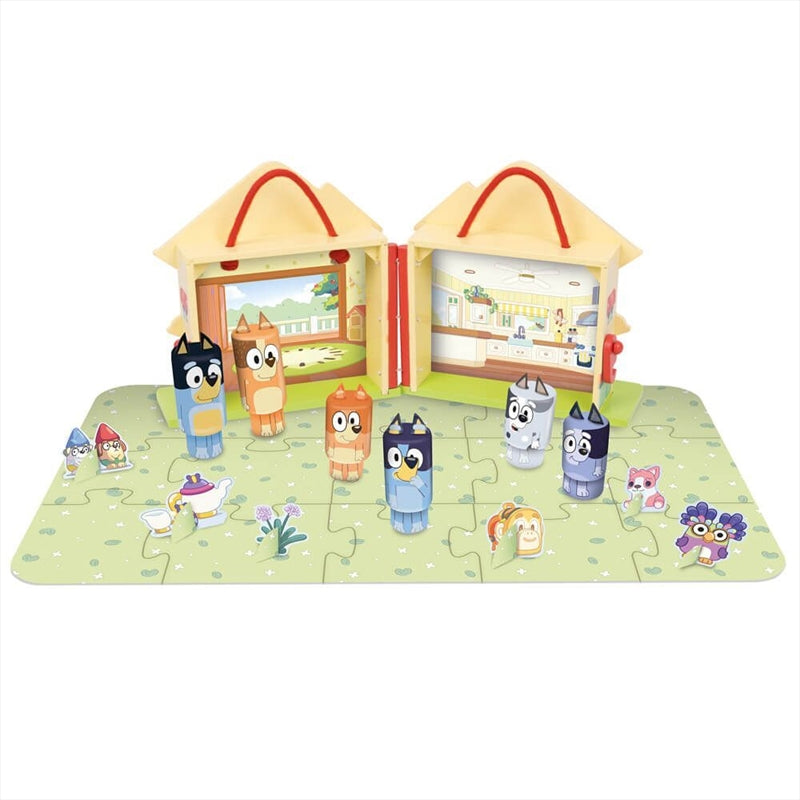 Bluey Carry Along House wooden playset with 22 pieces, featuring colorful characters and accessories for imaginative play.