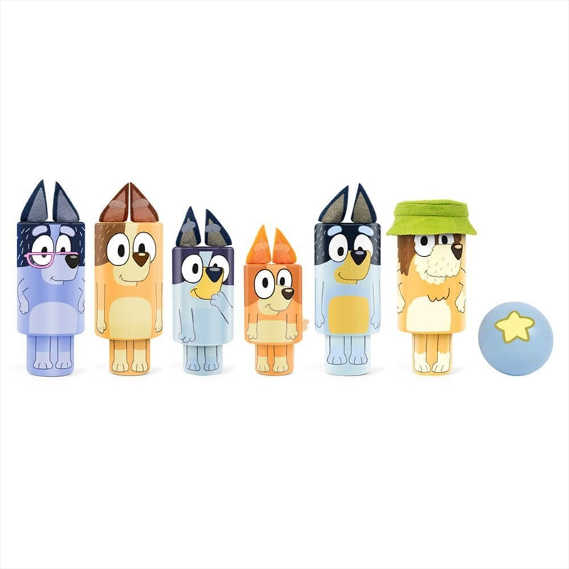 A colorful 7-piece Bluey Character Skittles Set made of wood, featuring various characters from the show, designed for children's play.