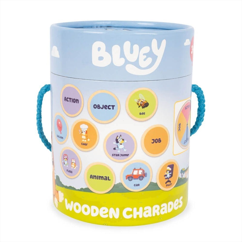 Bluey Charades Game featuring a wooden storage tub, spin wheel, and colorful idea tokens.