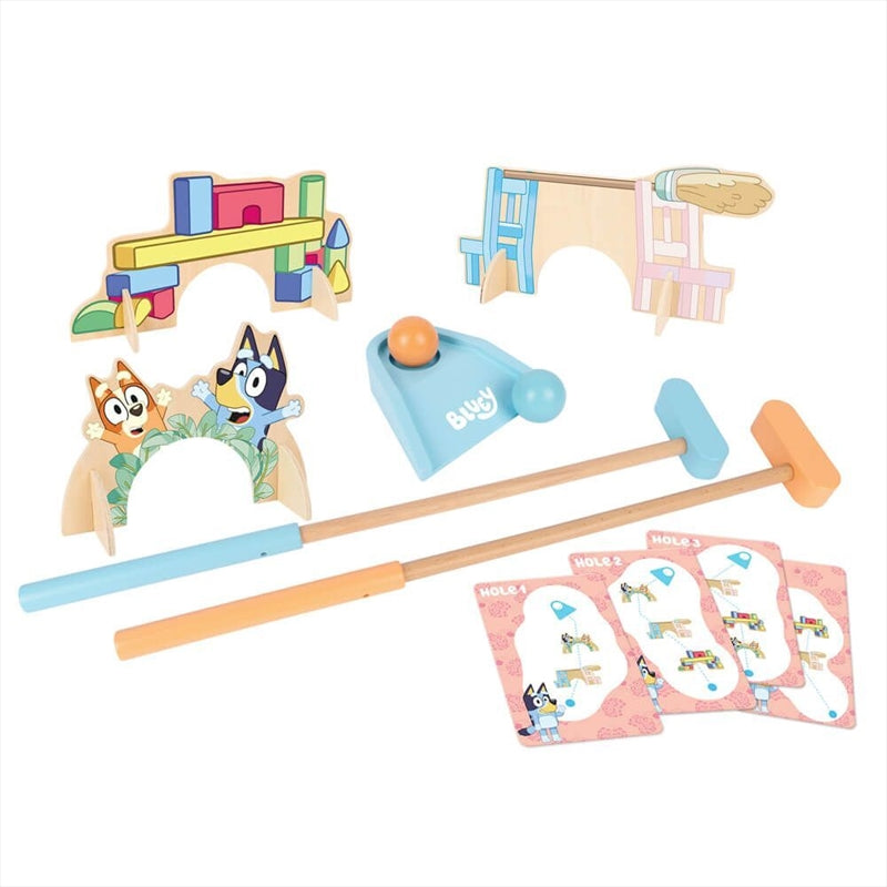 Bluey Crazy Golf Set featuring 18 wooden pieces for children, designed to enhance motor skills and hand-eye coordination.