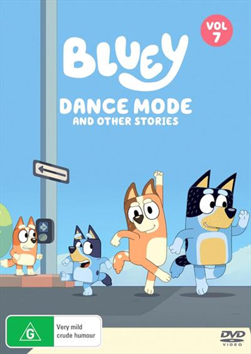 Bluey - Dance Mode and Other Stories - Vol 7 DVD cover featuring Bluey the puppy and her family in vibrant colors.