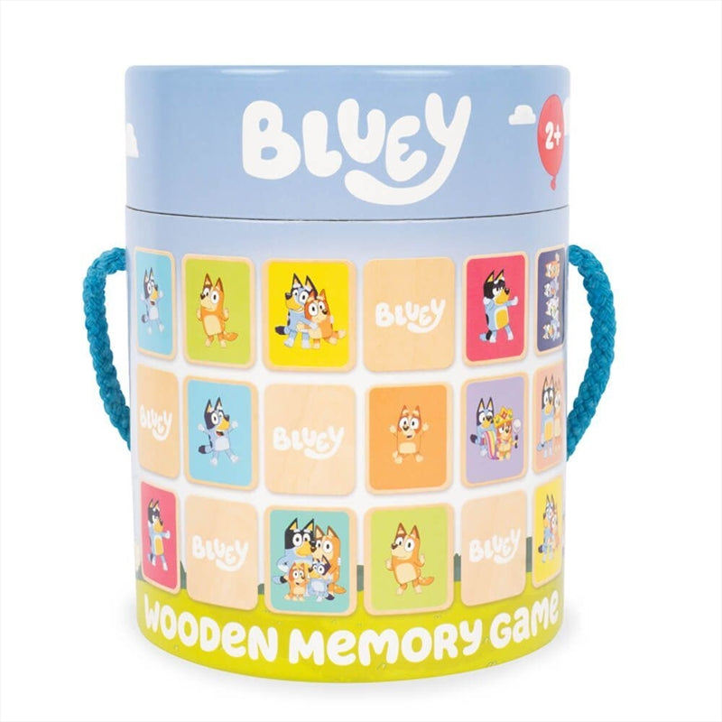 Bluey Memory Game featuring 19 colorful wooden pieces with Bluey characters, designed for children to enhance memory skills.