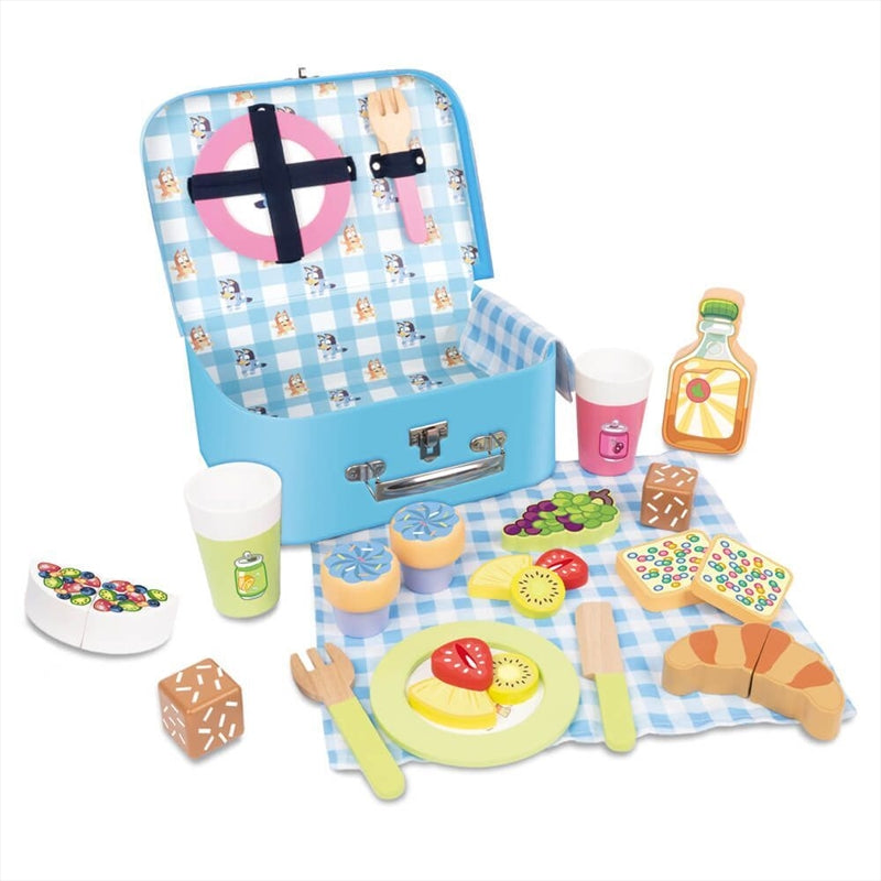 Bluey Picnic Basket Set featuring 30 wooden pieces in a colorful design, perfect for imaginative play.