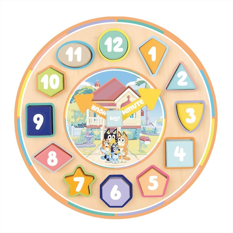 Colorful Bluey Puzzle Clock with 15 wooden pieces for kids to learn time-telling.