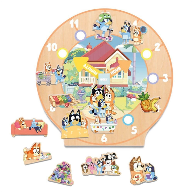 A colorful wooden Bluey Routine Clock with 15 interactive pieces for organizing daily activities.