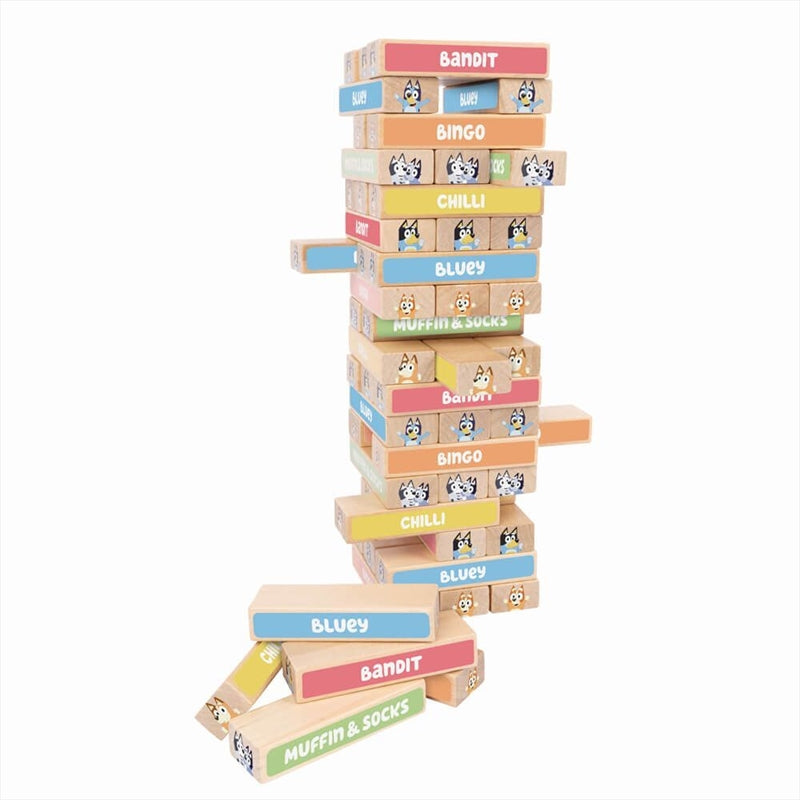 Bluey Tumbling Tower Game featuring colorful wooden blocks stacked in a tower, designed for children to enhance motor skills.