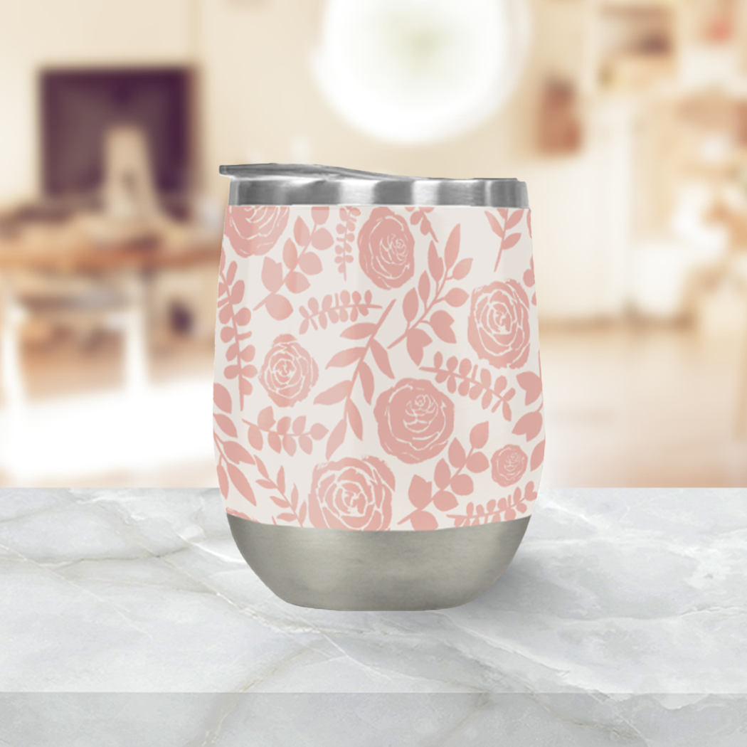 Blush Floral Wine Tumbler with double-wall insulation and floral design, perfect for outdoor use.