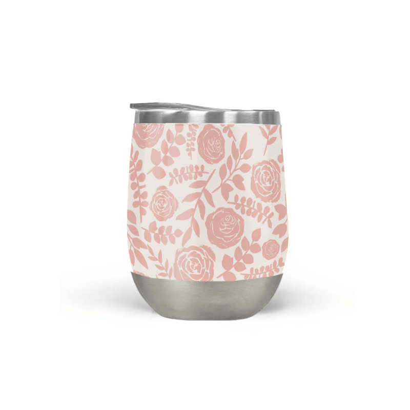 Blush Floral Wine Tumbler with double-wall insulation and floral design, perfect for outdoor use.