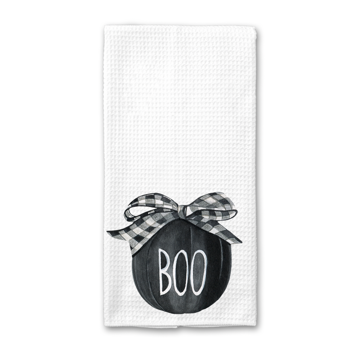 Boo Pumpkin Kitchen Towel featuring a festive pumpkin design, made from absorbent microfiber, ideal for kitchen use.