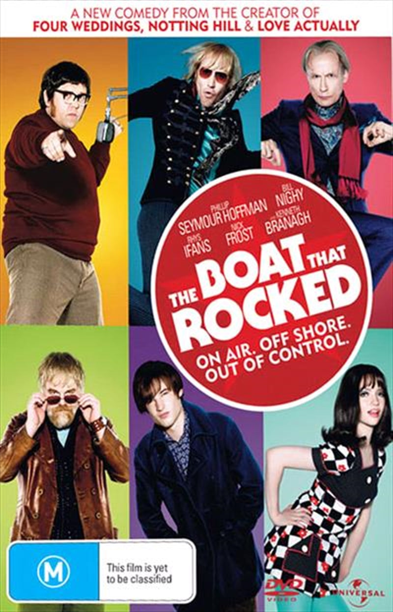 The Boat That Rocked DVD cover featuring a colorful design with a vintage boat and musical elements, showcasing the film's comedic essence.