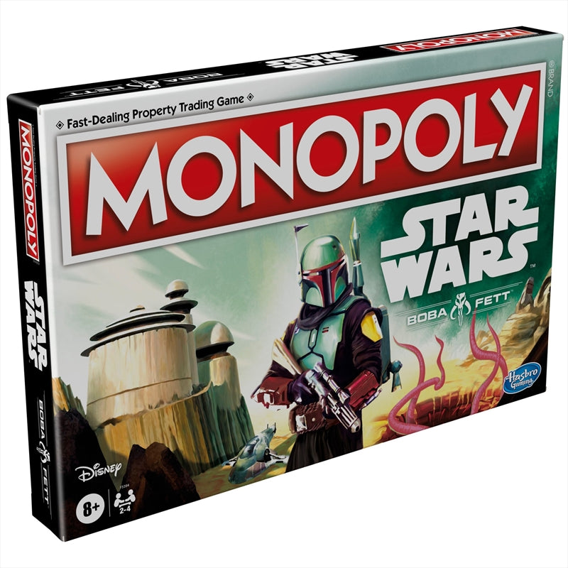 Boba Fett Monopoly game box featuring iconic Star Wars characters and themed properties.