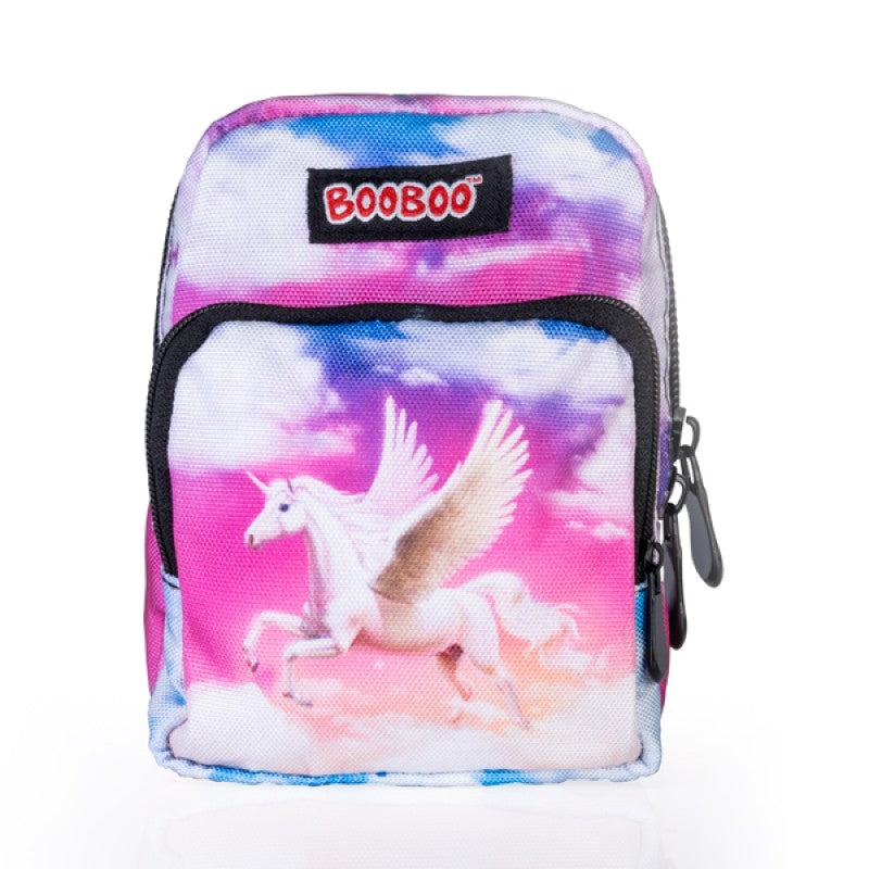 Booboo Flying Unicorn Mini Backpack featuring a colorful unicorn and clouds on a sunset background, with elastic straps and a carabiner clip.