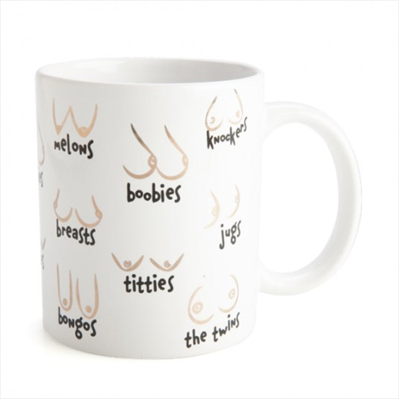 A stylish ceramic mug featuring metallic gold illustrations of diverse boobs, each labeled with unique names, perfect for celebrating body positivity.