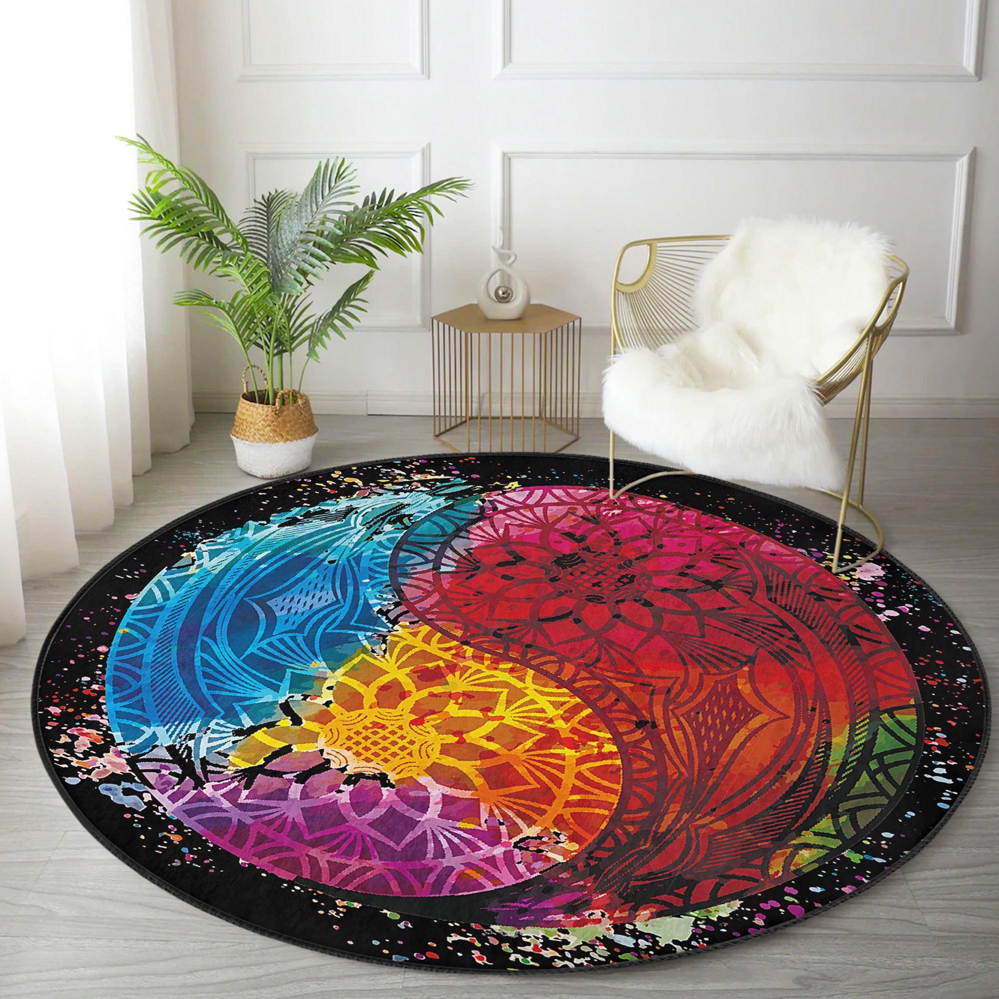 A beautifully designed Bohemian round rug featuring vibrant colors and intricate patterns, perfect for home decor.