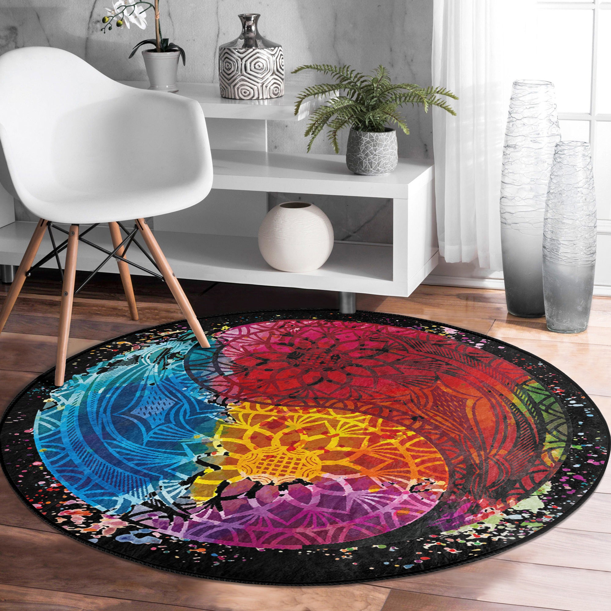 A beautifully designed Bohemian round rug featuring vibrant colors and intricate patterns, perfect for home decor.