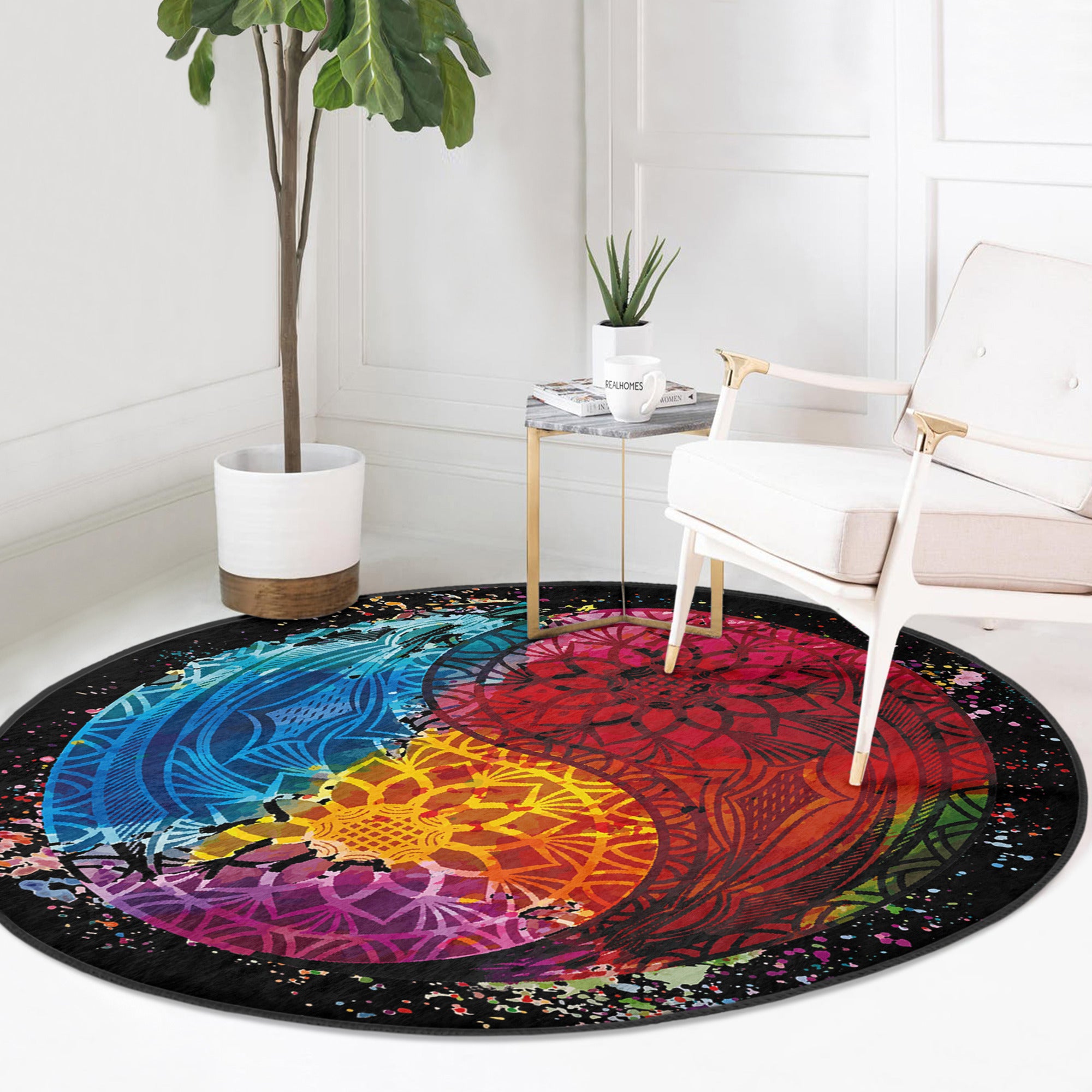 A beautifully designed Bohemian round rug featuring vibrant colors and intricate patterns, perfect for home decor.