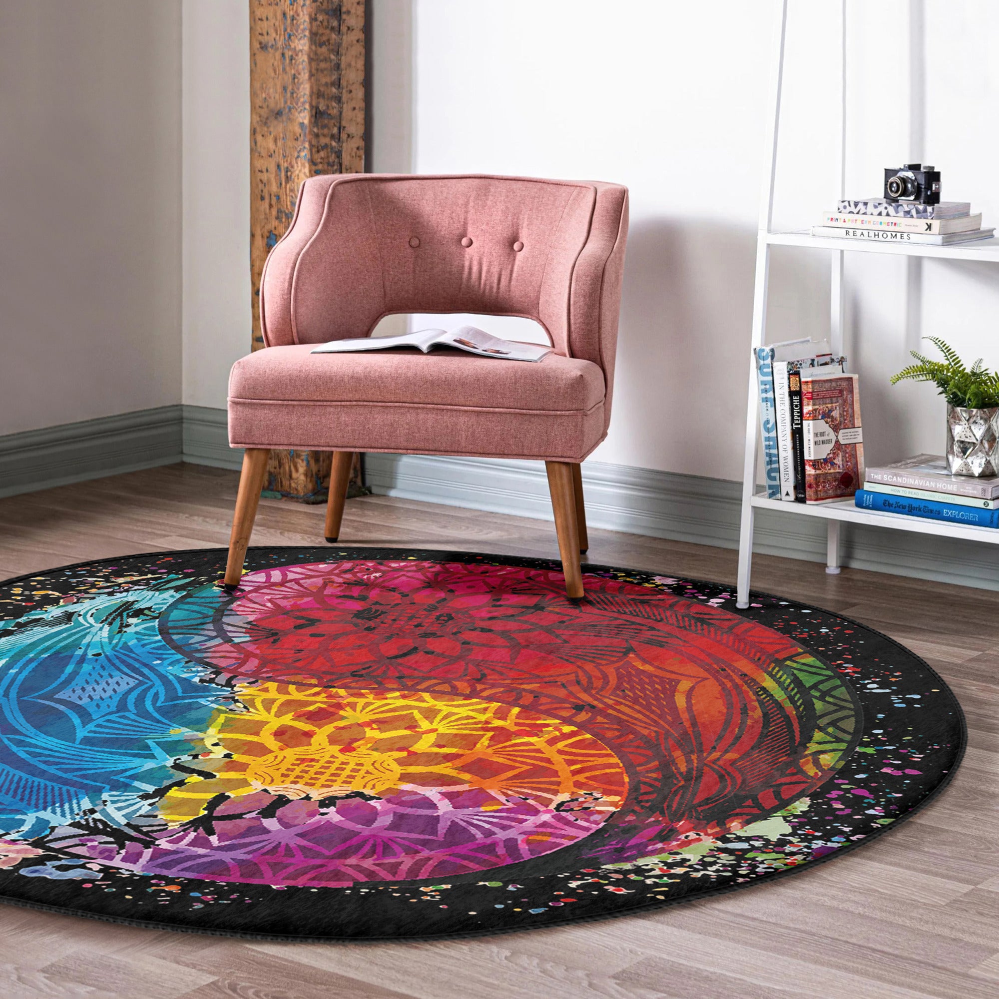 A beautifully designed Bohemian round rug featuring vibrant colors and intricate patterns, perfect for home decor.