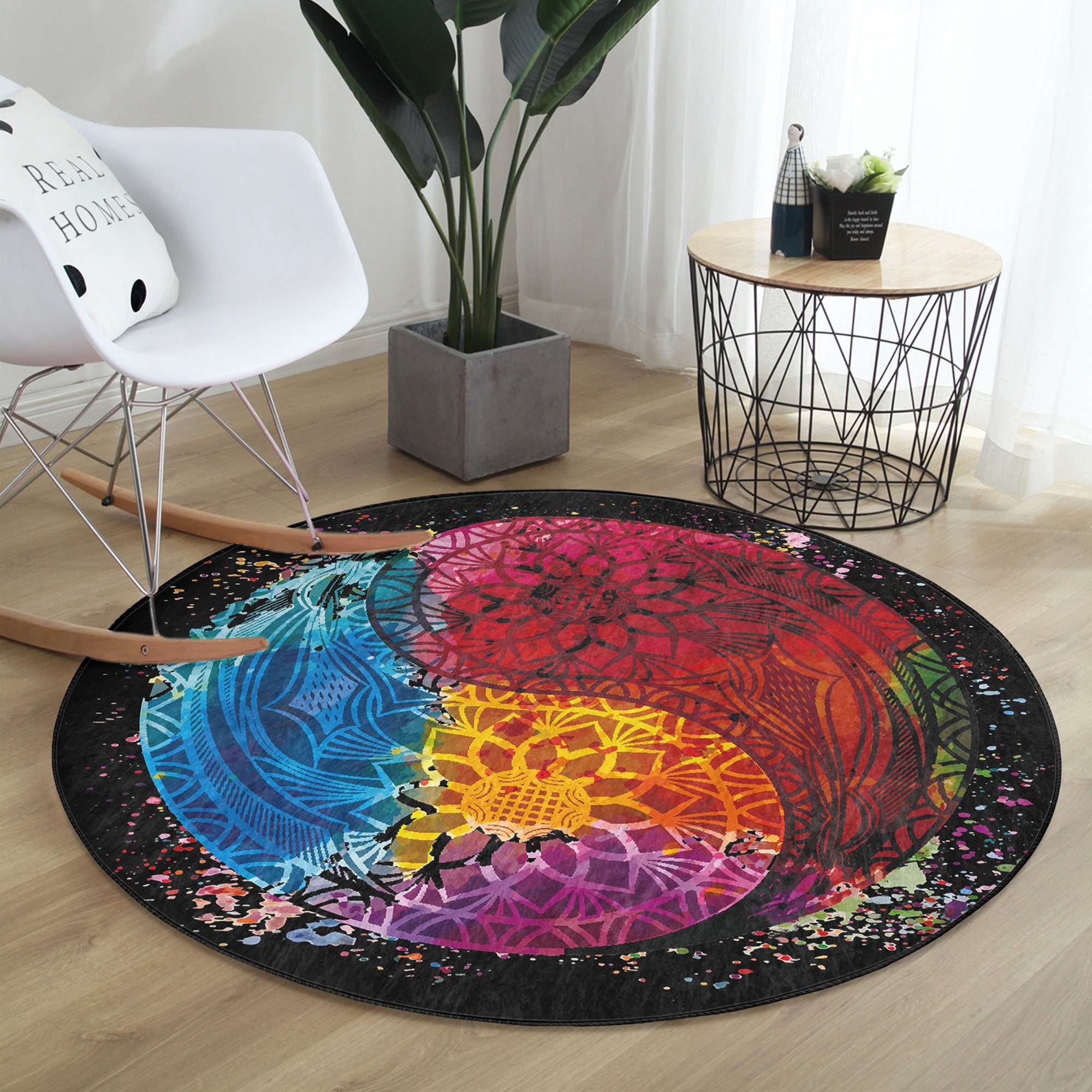 A beautifully designed Bohemian round rug featuring vibrant colors and intricate patterns, perfect for home decor.