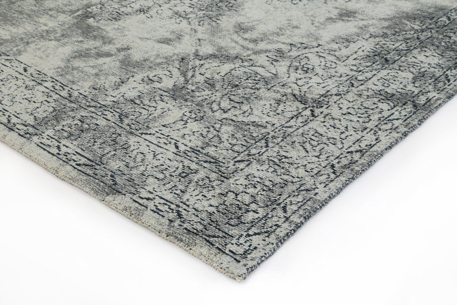 Bohemian Grey Distressed Boardered Rug 120x120cm with intricate patterns and a soft texture, perfect for modern interiors.