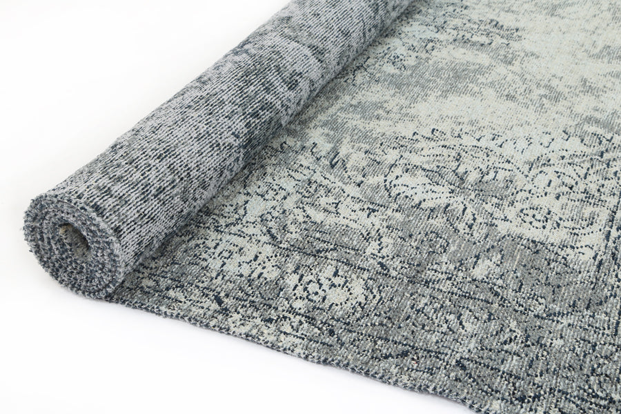 Bohemian Grey Distressed Boardered Rug 120x120cm with intricate patterns and a soft texture, perfect for modern interiors.