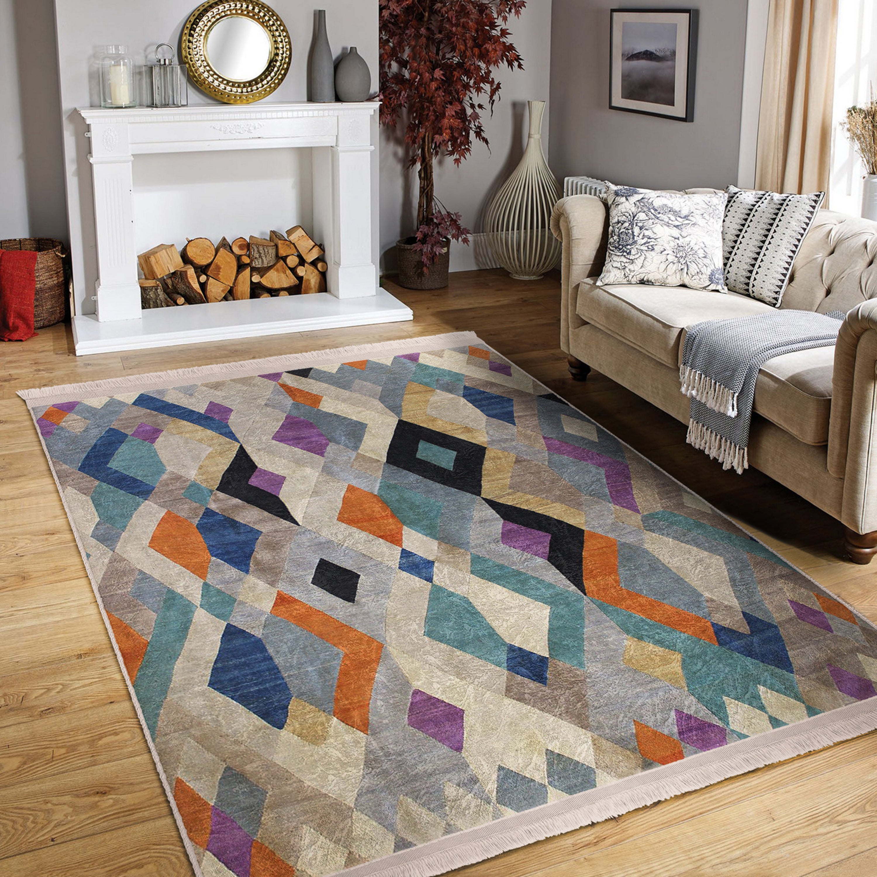 Bohemian Home Decor Washable Area Rug with fringes, showcasing a stylish design in a cozy living room setting.