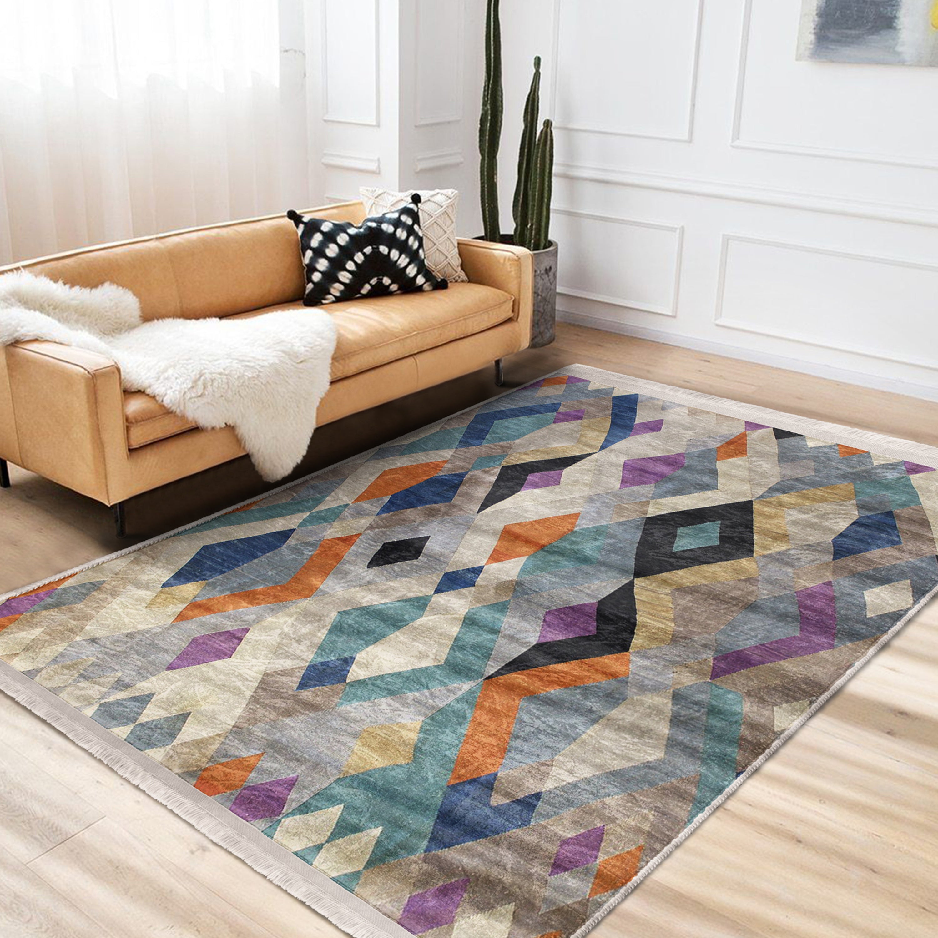 Bohemian Home Decor Washable Area Rug with fringes, showcasing a stylish design in a cozy living room setting.