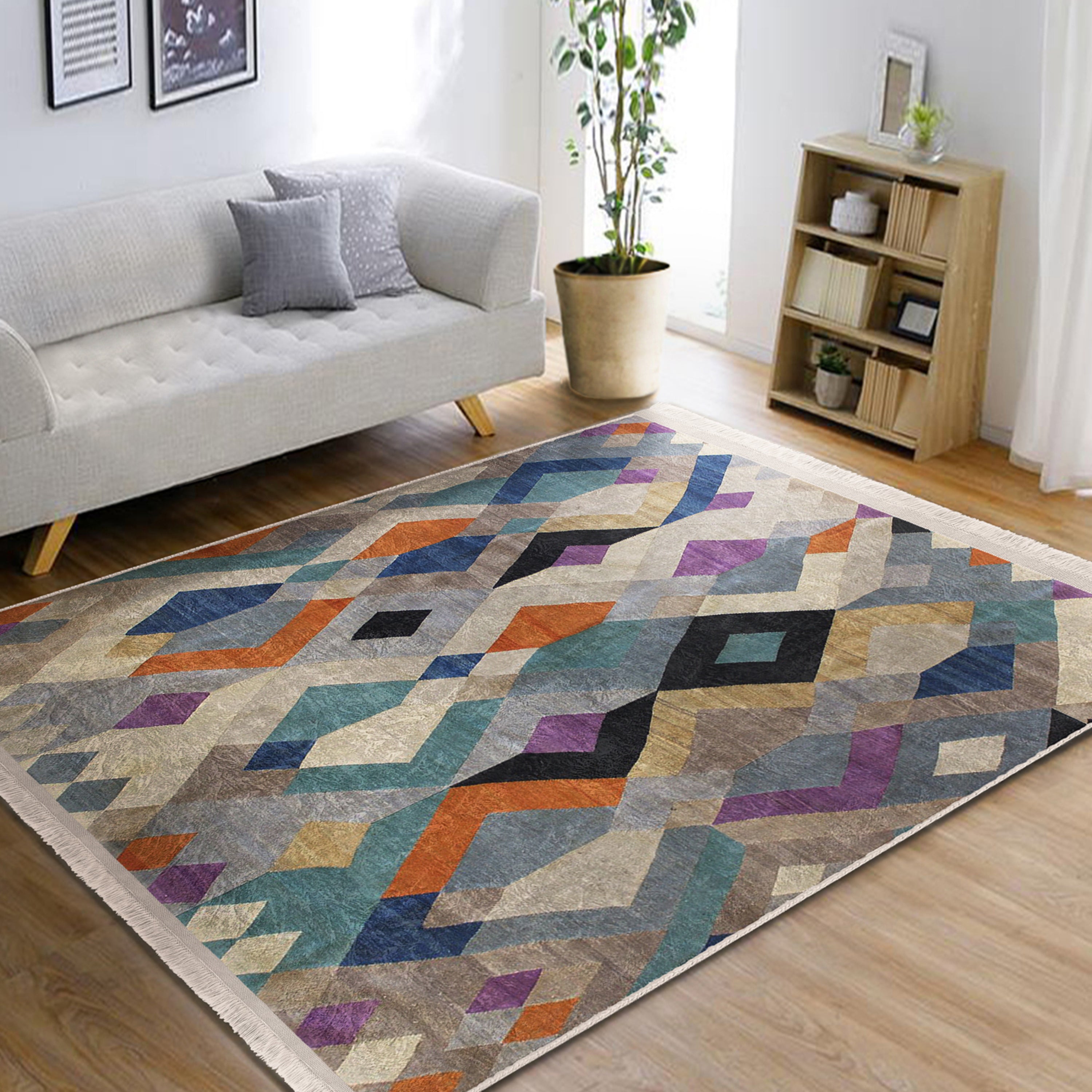 Bohemian Home Decor Washable Area Rug with fringes, showcasing a stylish design in a cozy living room setting.