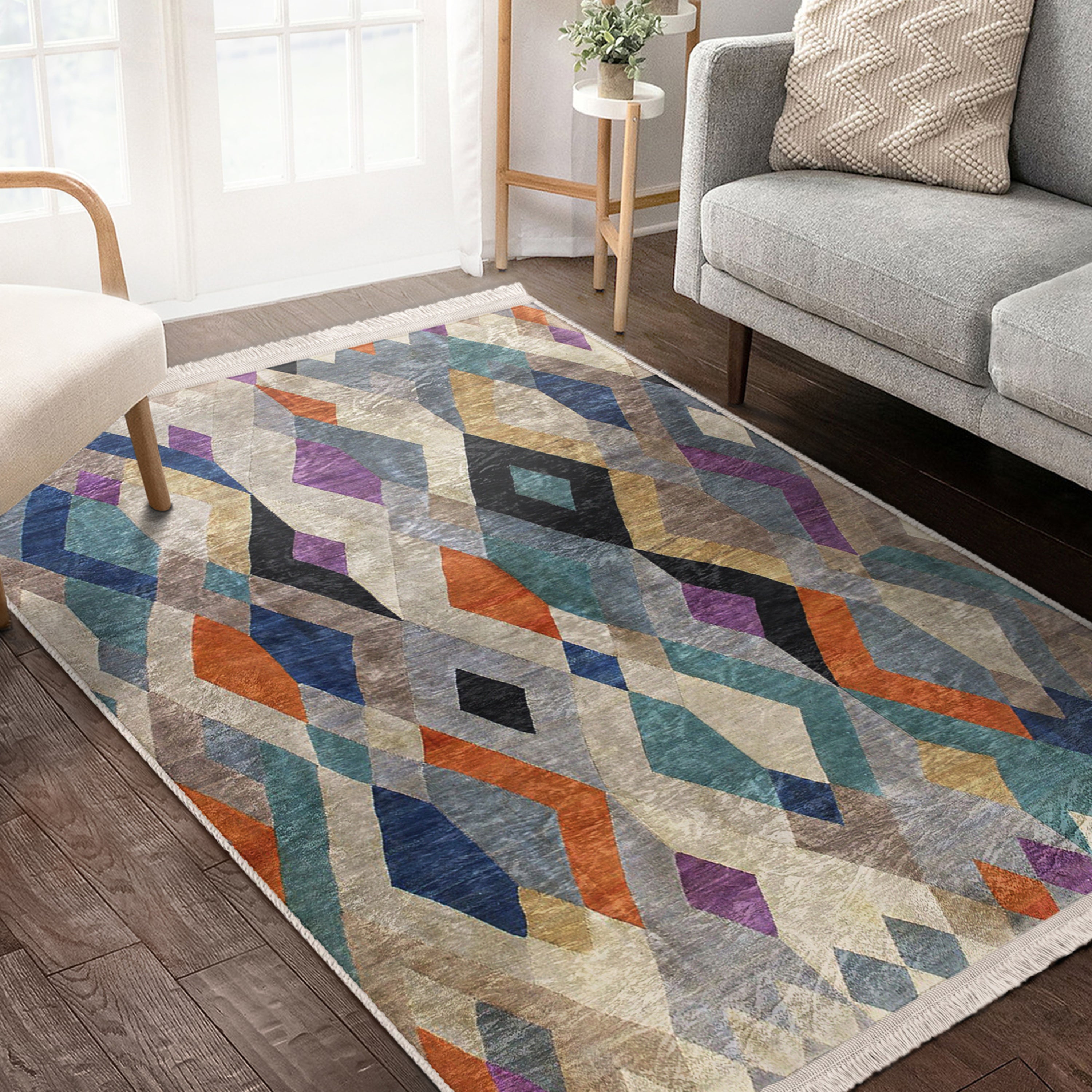 Bohemian Home Decor Washable Area Rug with fringes, showcasing a stylish design in a cozy living room setting.