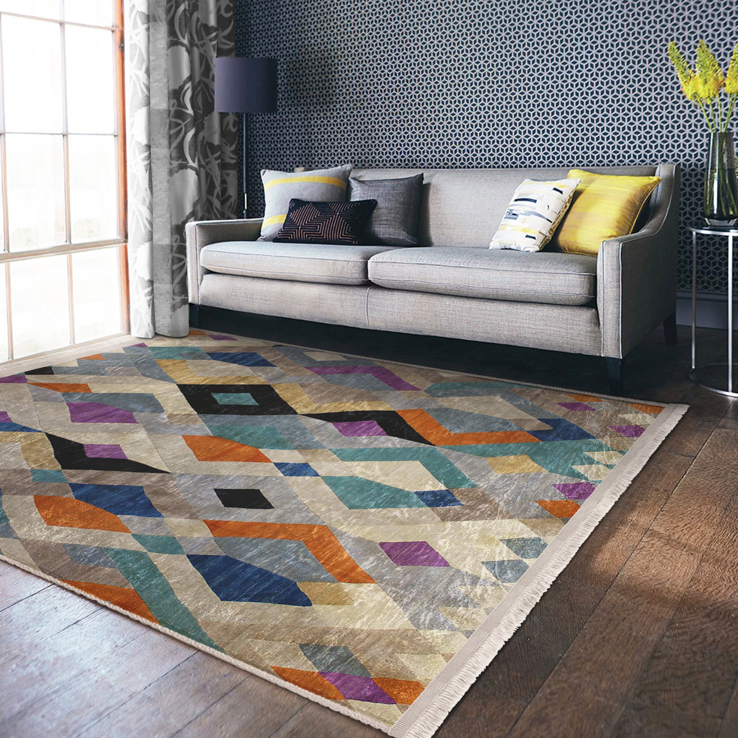 Bohemian Home Decor Washable Area Rug with fringes, showcasing a stylish design in a cozy living room setting.