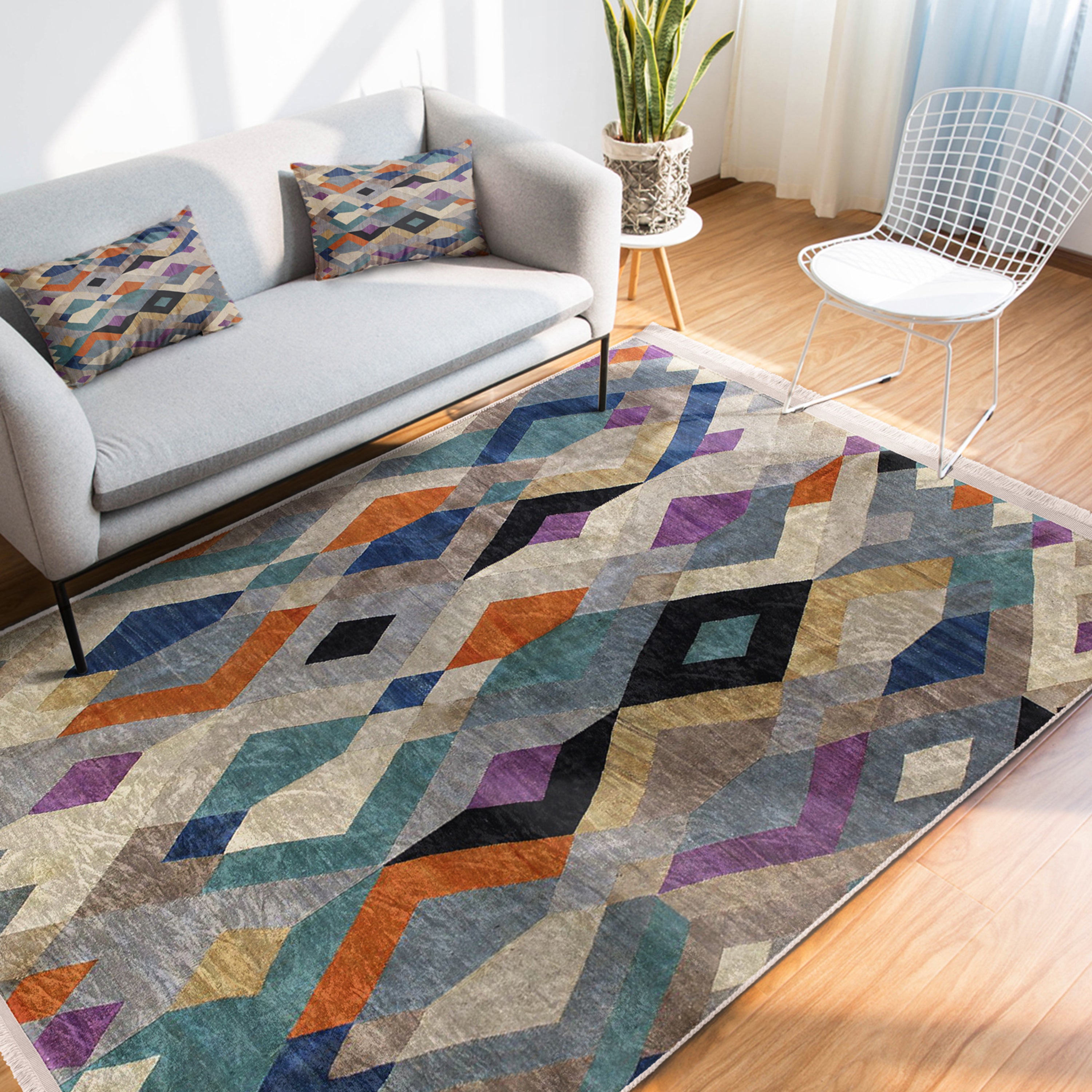 Bohemian Home Decor Washable Area Rug with fringes, showcasing a stylish design in a cozy living room setting.