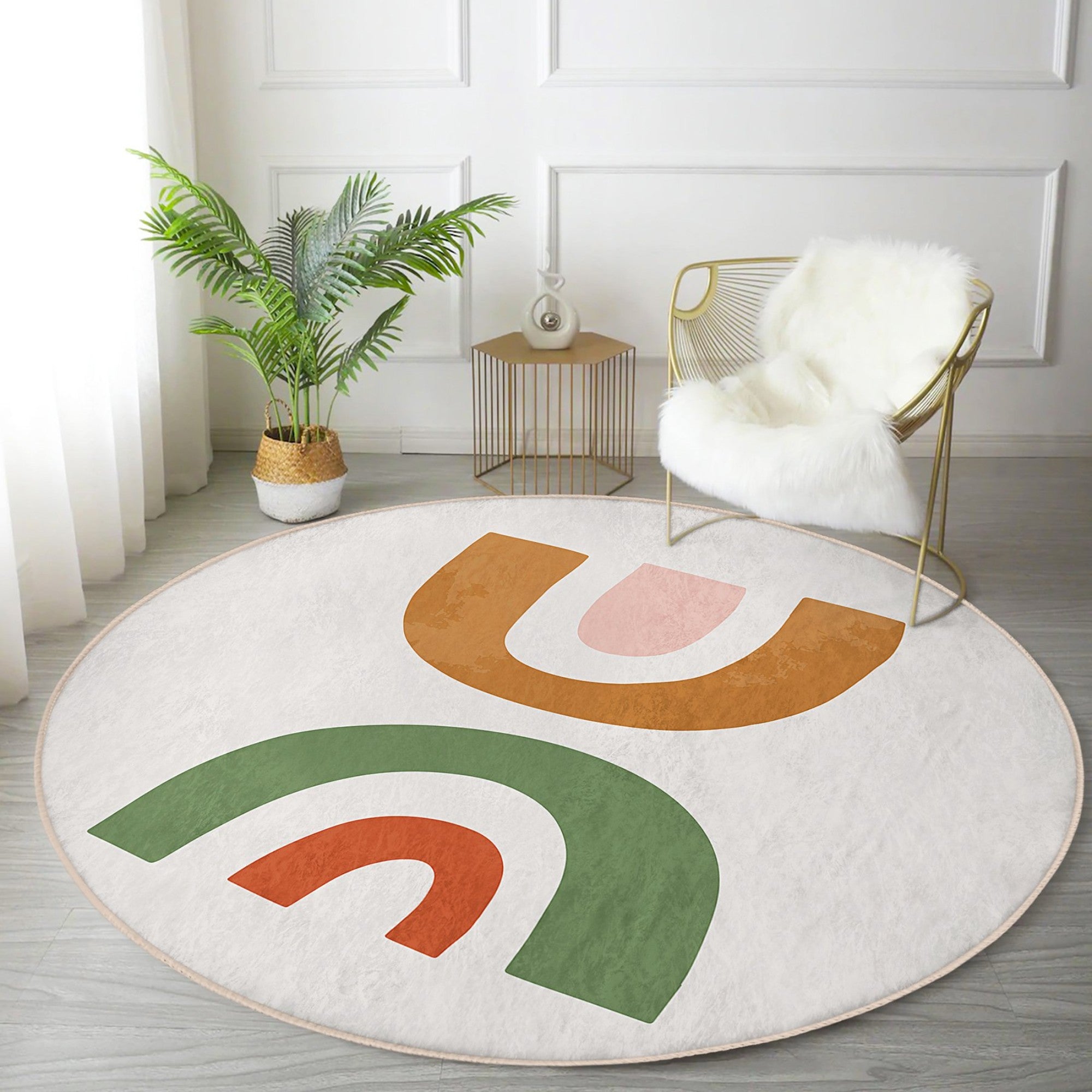 A beautifully designed Bohemian round rug featuring intricate patterns and vibrant colors, perfect for home decor.