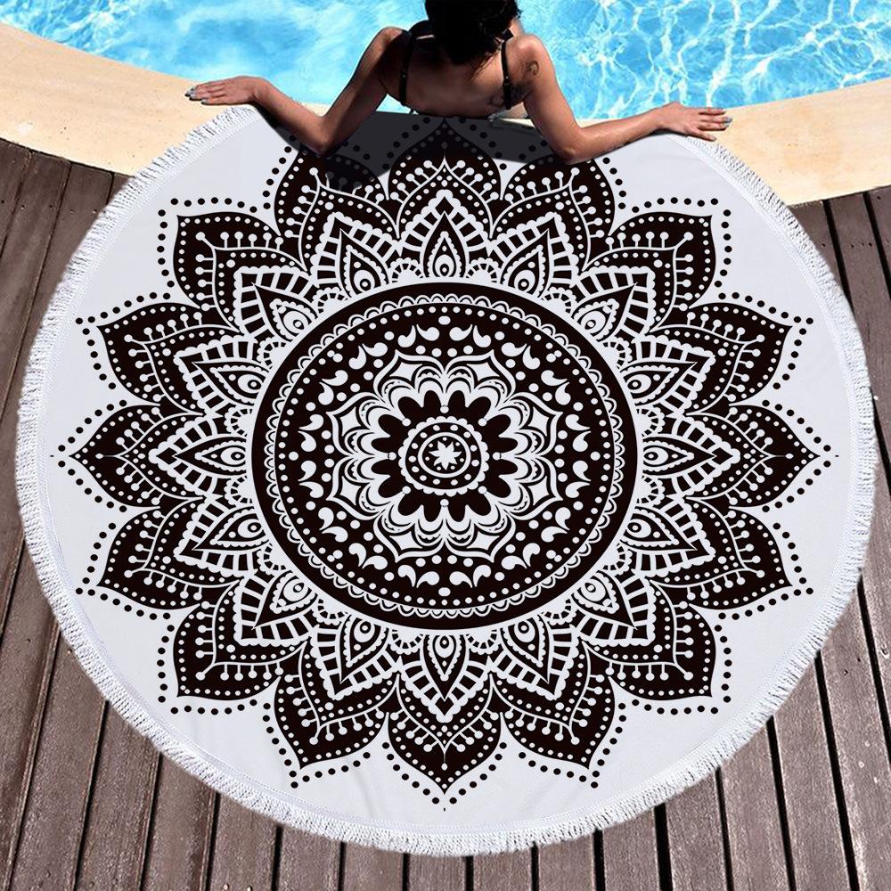 Bohemian Mandala Tapestry Beach Throw, large round beach towel with vibrant mandala design, perfect for picnics and beach outings.