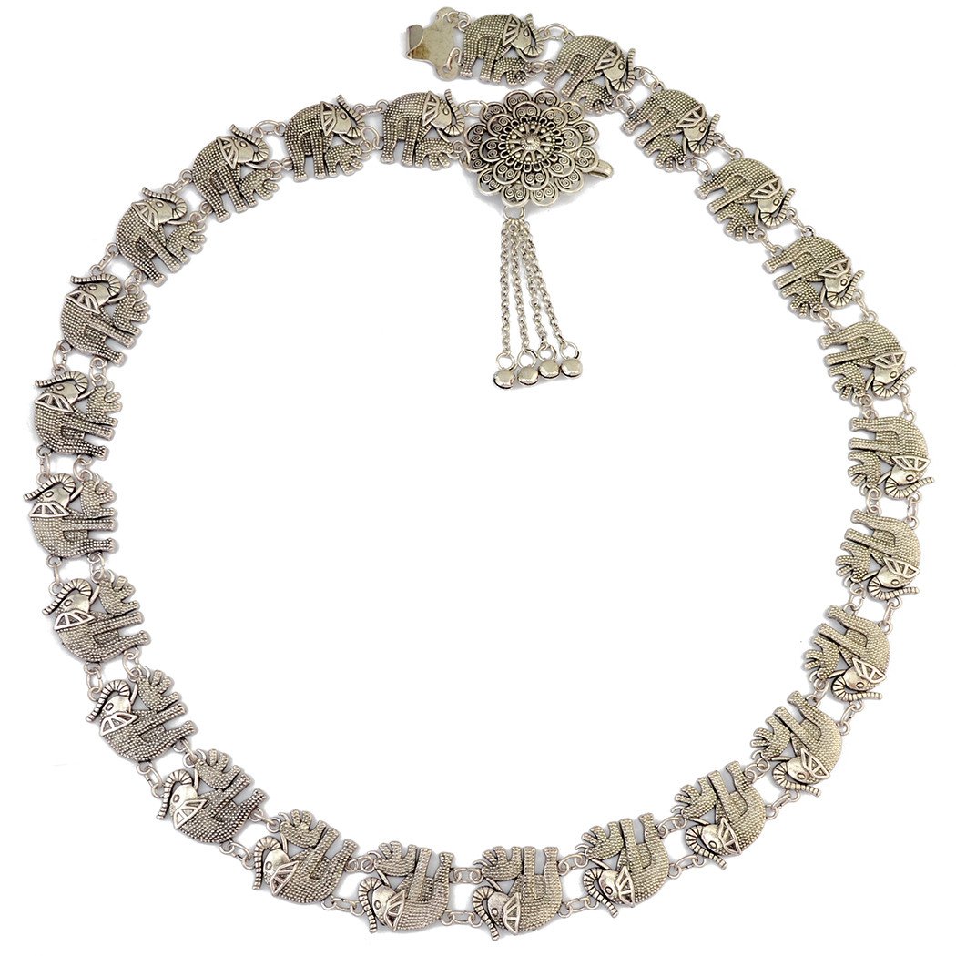 Bohemian Silver Alloy Elephant Body Chain with tassels and intricate carvings, showcasing its elegant design.