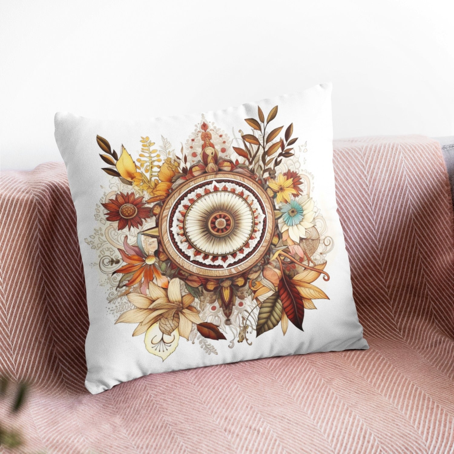 Boho Home Decor Mandala Pattern Throw Pillow featuring intricate mandala design on one side and light cream back, ideal for meditation and home decor.