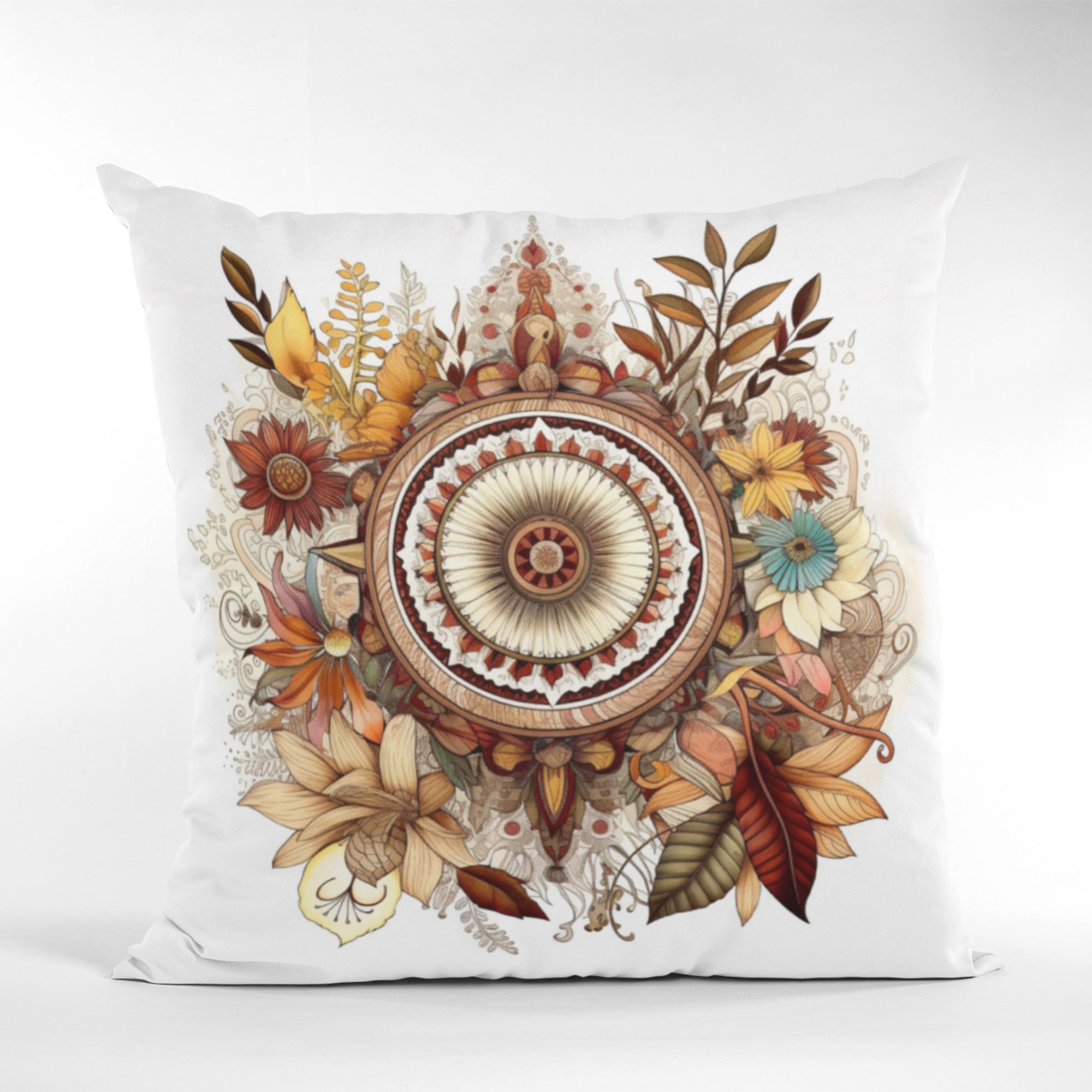 Boho Home Decor Mandala Pattern Throw Pillow featuring intricate mandala design on one side and light cream back, ideal for meditation and home decor.