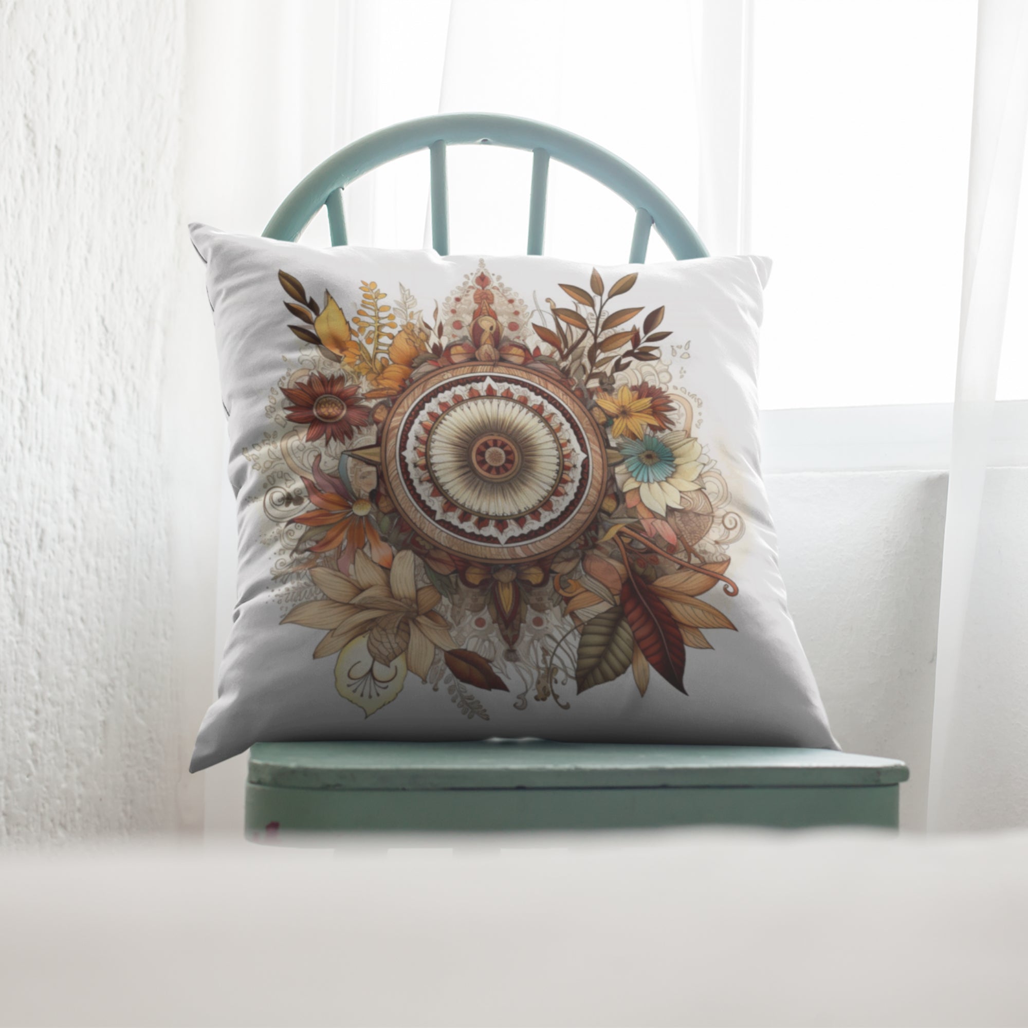 Boho Home Decor Mandala Pattern Throw Pillow featuring intricate mandala design on one side and light cream back, ideal for meditation and home decor.