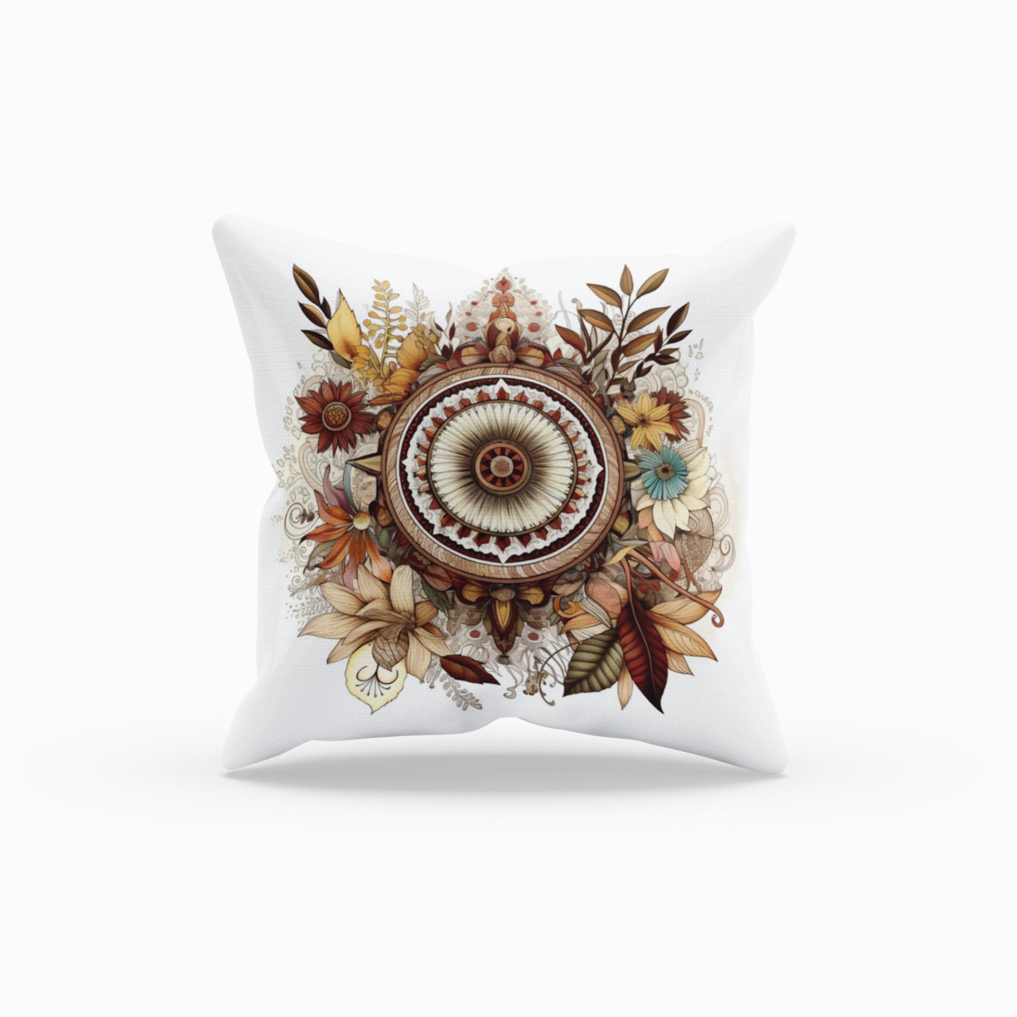 Boho Home Decor Mandala Pattern Throw Pillow featuring intricate mandala design on one side and light cream back, ideal for meditation and home decor.