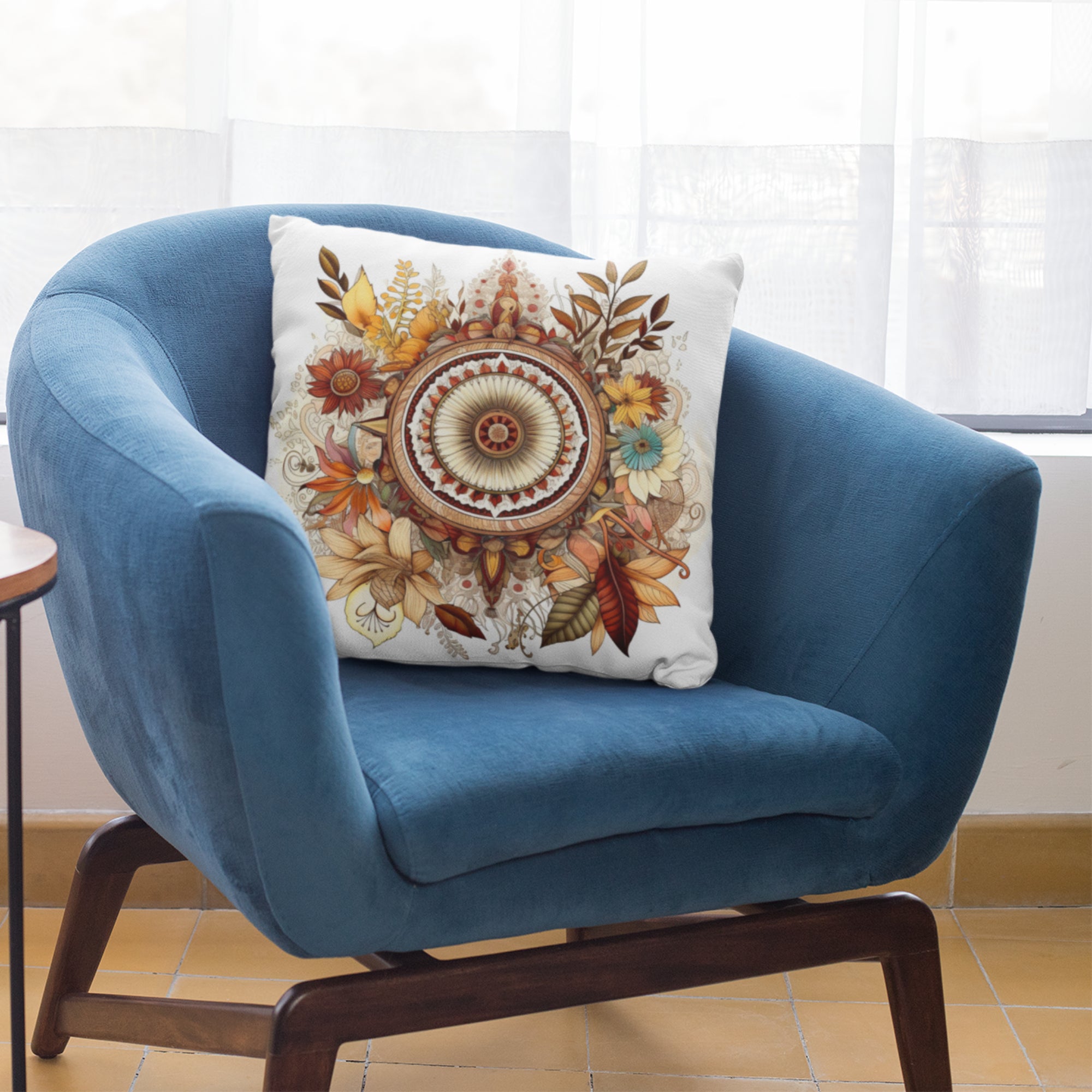 Boho Home Decor Mandala Pattern Throw Pillow featuring intricate mandala design on one side and light cream back, ideal for meditation and home decor.