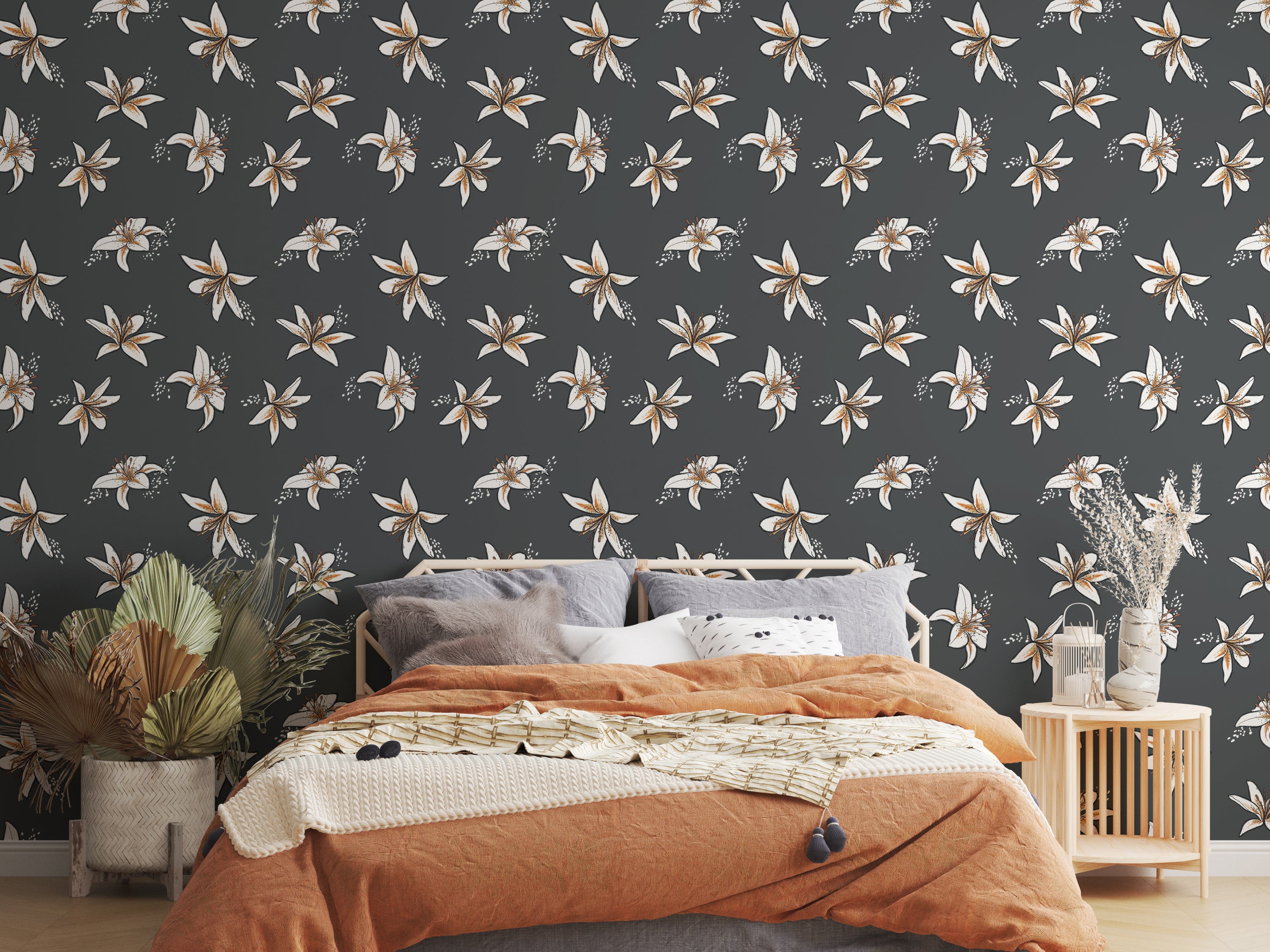 Boho Lilies (Dark) Wallpaper featuring vibrant floral patterns on a dark background, perfect for modern home decor.