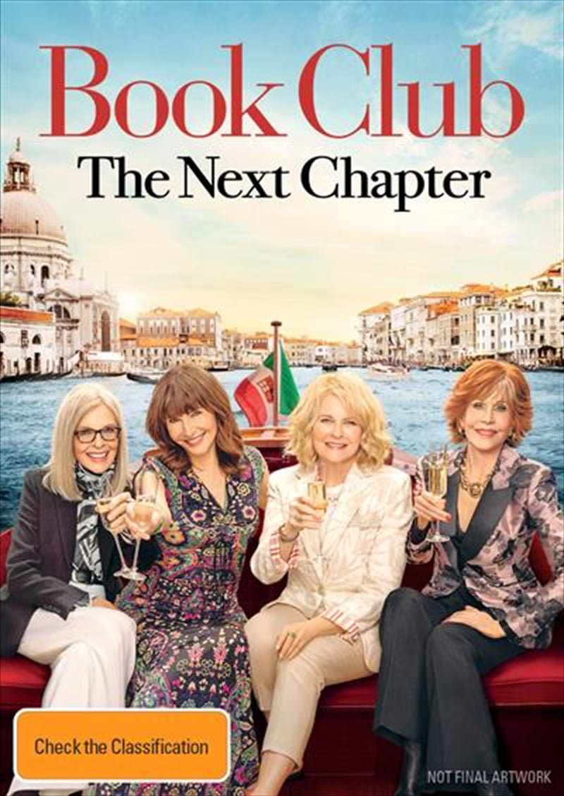 Cover of Book Club - The Next Chapter DVD featuring four friends in Italy, showcasing friendship and adventure.