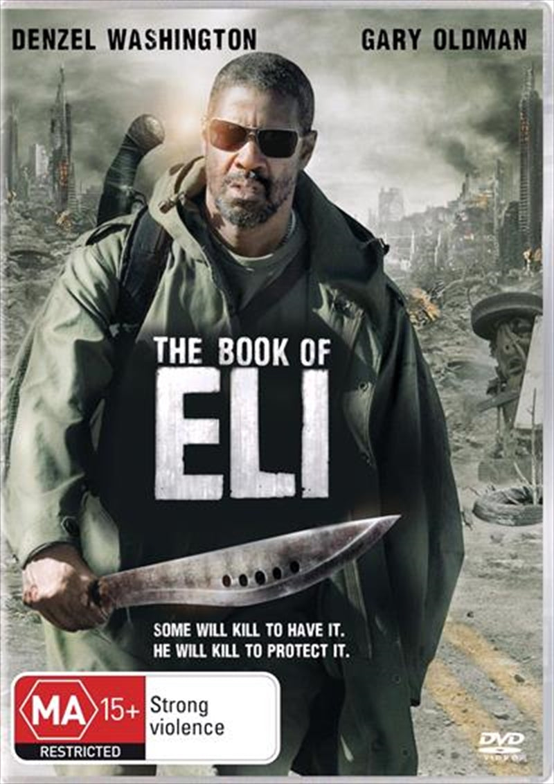 The Book of Eli DVD cover featuring Denzel Washington in a post-apocalyptic setting, holding a book with a determined expression.