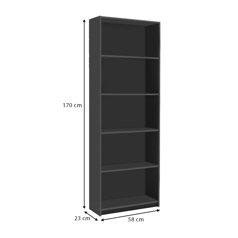 CARMELLA Anthracite Bookcase with five shelves, dimensions 58x23x170 cm, showcasing a modern design.