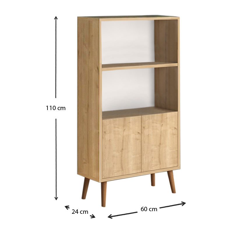 CARMELA Oak Bookcase featuring a double-leaf cabinet and two shelves, designed for stylish storage in home or office.