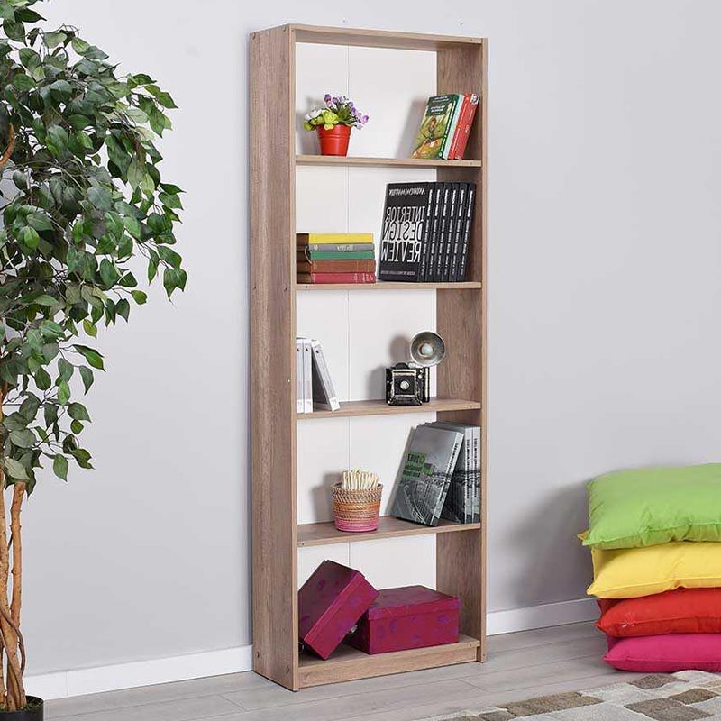 CARMELLA Oak Bookcase with five shelves, 64x26x182 cm, showcasing a stylish oak melamine finish.